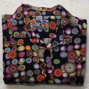 Desigual Mens Button Shirt 2XL Black Multicolor Floral Circle Print Long Sleeve